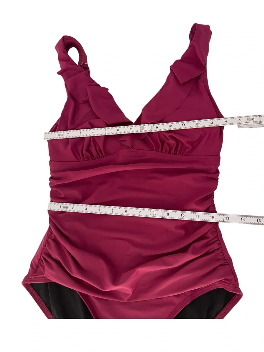 DKNY One Piece Swimsuit Ruffle V Neck Ruched Tummy Control Berry Size 10 - Picture 4 of 10
